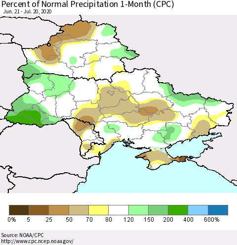 Ukraine, Moldova and Belarus Percent of Normal Precipitation 1-Month (CPC) Thematic Map For 6/21/2020 - 7/20/2020