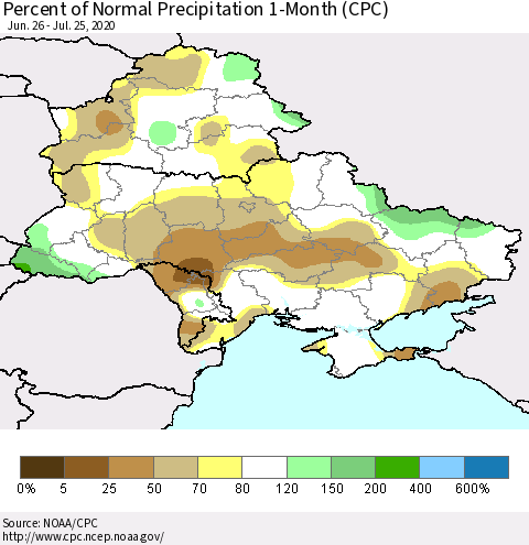Ukraine, Moldova and Belarus Percent of Normal Precipitation 1-Month (CPC) Thematic Map For 6/26/2020 - 7/25/2020