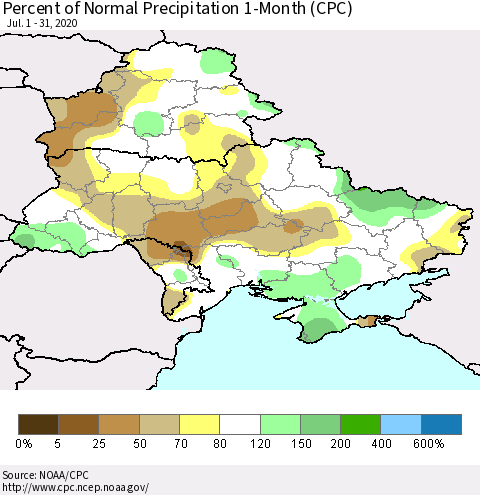 Ukraine, Moldova and Belarus Percent of Normal Precipitation 1-Month (CPC) Thematic Map For 7/1/2020 - 7/31/2020