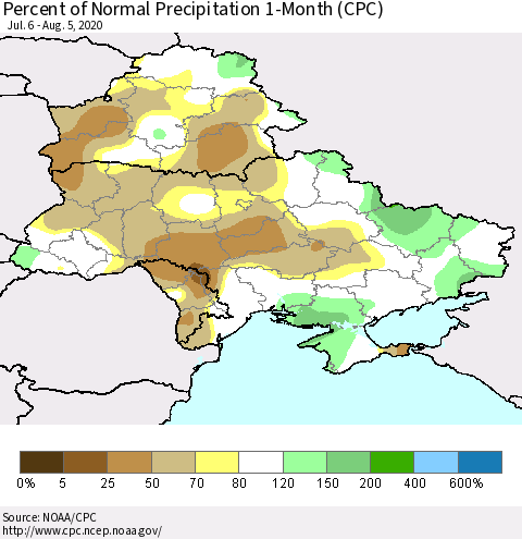 Ukraine, Moldova and Belarus Percent of Normal Precipitation 1-Month (CPC) Thematic Map For 7/6/2020 - 8/5/2020