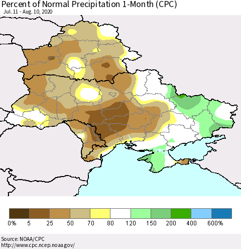 Ukraine, Moldova and Belarus Percent of Normal Precipitation 1-Month (CPC) Thematic Map For 7/11/2020 - 8/10/2020
