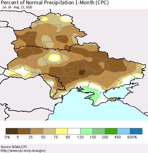 Ukraine, Moldova and Belarus Percent of Normal Precipitation 1-Month (CPC) Thematic Map For 7/16/2020 - 8/15/2020