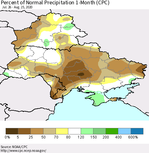 Ukraine, Moldova and Belarus Percent of Normal Precipitation 1-Month (CPC) Thematic Map For 7/26/2020 - 8/25/2020