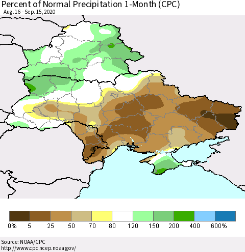 Ukraine, Moldova and Belarus Percent of Normal Precipitation 1-Month (CPC) Thematic Map For 8/16/2020 - 9/15/2020