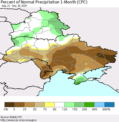 Ukraine, Moldova and Belarus Percent of Normal Precipitation 1-Month (CPC) Thematic Map For 8/21/2020 - 9/20/2020