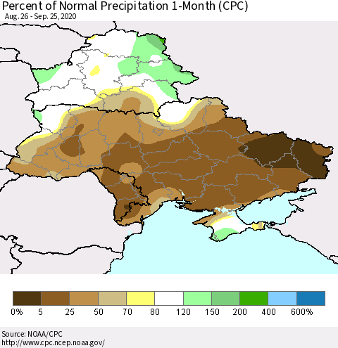 Ukraine, Moldova and Belarus Percent of Normal Precipitation 1-Month (CPC) Thematic Map For 8/26/2020 - 9/25/2020
