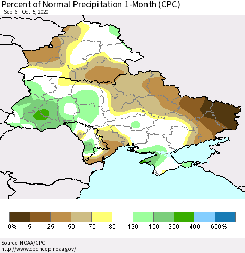 Ukraine, Moldova and Belarus Percent of Normal Precipitation 1-Month (CPC) Thematic Map For 9/6/2020 - 10/5/2020