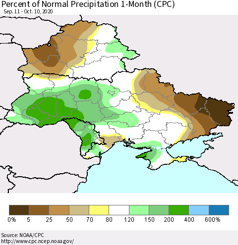 Ukraine, Moldova and Belarus Percent of Normal Precipitation 1-Month (CPC) Thematic Map For 9/11/2020 - 10/10/2020