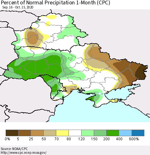 Ukraine, Moldova and Belarus Percent of Normal Precipitation 1-Month (CPC) Thematic Map For 9/16/2020 - 10/15/2020