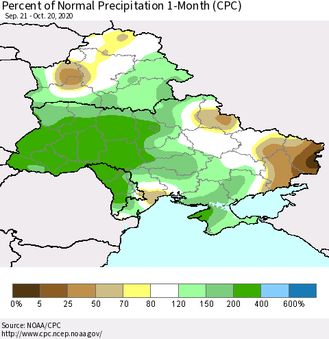 Ukraine, Moldova and Belarus Percent of Normal Precipitation 1-Month (CPC) Thematic Map For 9/21/2020 - 10/20/2020