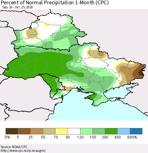 Ukraine, Moldova and Belarus Percent of Normal Precipitation 1-Month (CPC) Thematic Map For 9/26/2020 - 10/25/2020
