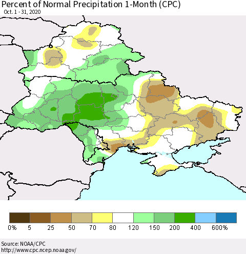 Ukraine, Moldova and Belarus Percent of Normal Precipitation 1-Month (CPC) Thematic Map For 10/1/2020 - 10/31/2020