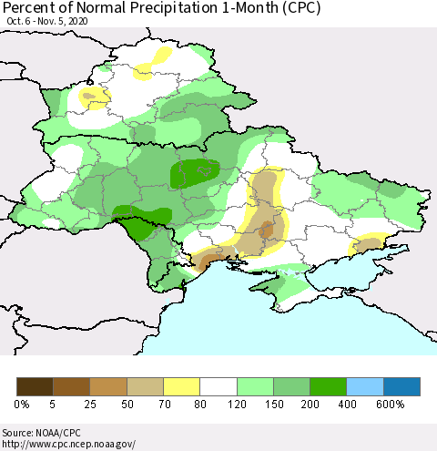 Ukraine, Moldova and Belarus Percent of Normal Precipitation 1-Month (CPC) Thematic Map For 10/6/2020 - 11/5/2020
