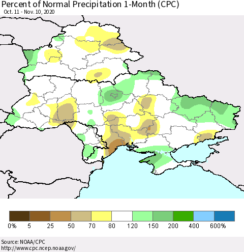 Ukraine, Moldova and Belarus Percent of Normal Precipitation 1-Month (CPC) Thematic Map For 10/11/2020 - 11/10/2020