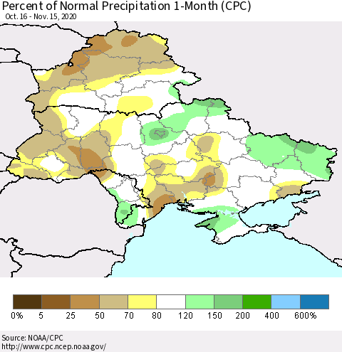 Ukraine, Moldova and Belarus Percent of Normal Precipitation 1-Month (CPC) Thematic Map For 10/16/2020 - 11/15/2020