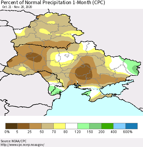 Ukraine, Moldova and Belarus Percent of Normal Precipitation 1-Month (CPC) Thematic Map For 10/21/2020 - 11/20/2020