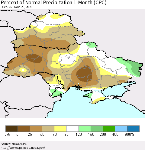 Ukraine, Moldova and Belarus Percent of Normal Precipitation 1-Month (CPC) Thematic Map For 10/26/2020 - 11/25/2020