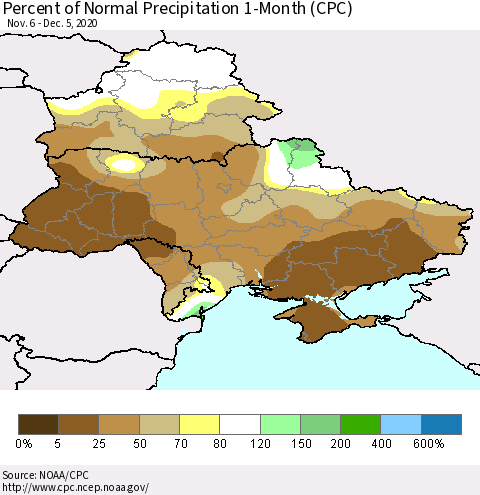 Ukraine, Moldova and Belarus Percent of Normal Precipitation 1-Month (CPC) Thematic Map For 11/6/2020 - 12/5/2020