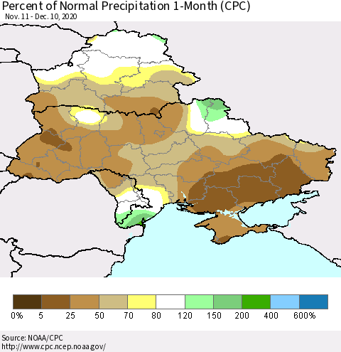 Ukraine, Moldova and Belarus Percent of Normal Precipitation 1-Month (CPC) Thematic Map For 11/11/2020 - 12/10/2020