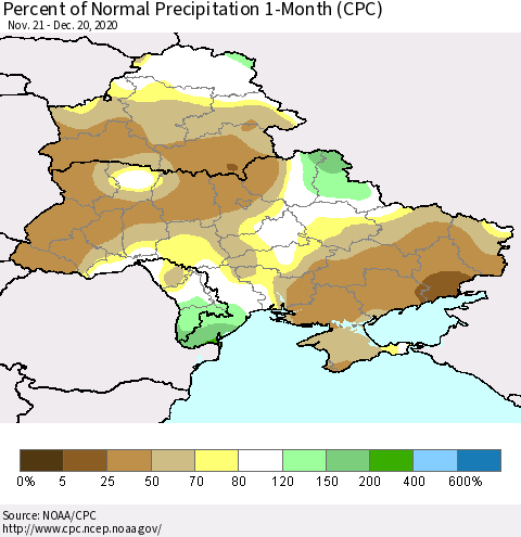 Ukraine, Moldova and Belarus Percent of Normal Precipitation 1-Month (CPC) Thematic Map For 11/21/2020 - 12/20/2020