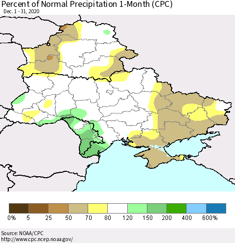Ukraine, Moldova and Belarus Percent of Normal Precipitation 1-Month (CPC) Thematic Map For 12/1/2020 - 12/31/2020
