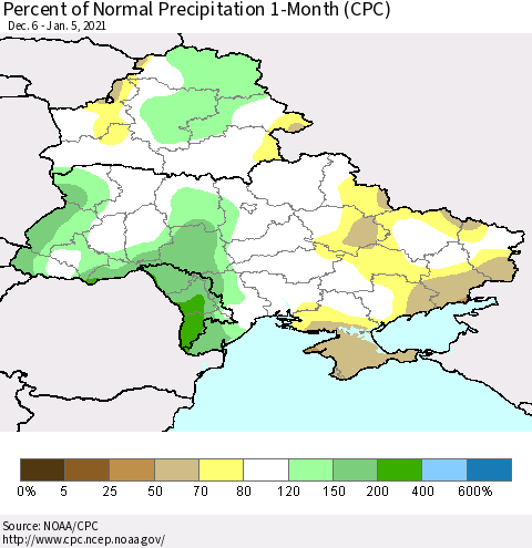 Ukraine, Moldova and Belarus Percent of Normal Precipitation 1-Month (CPC) Thematic Map For 12/6/2020 - 1/5/2021