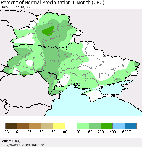 Ukraine, Moldova and Belarus Percent of Normal Precipitation 1-Month (CPC) Thematic Map For 12/11/2020 - 1/10/2021