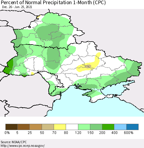 Ukraine, Moldova and Belarus Percent of Normal Precipitation 1-Month (CPC) Thematic Map For 12/26/2020 - 1/25/2021