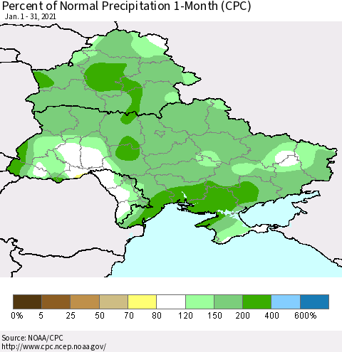 Ukraine, Moldova and Belarus Percent of Normal Precipitation 1-Month (CPC) Thematic Map For 1/1/2021 - 1/31/2021