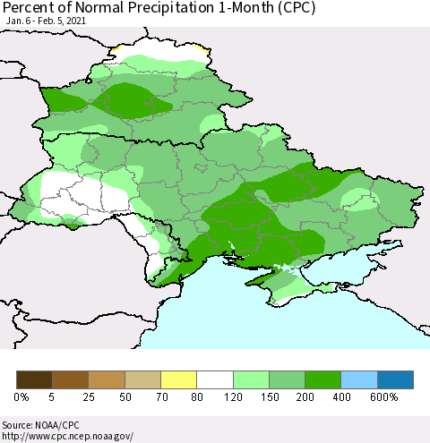 Ukraine, Moldova and Belarus Percent of Normal Precipitation 1-Month (CPC) Thematic Map For 1/6/2021 - 2/5/2021