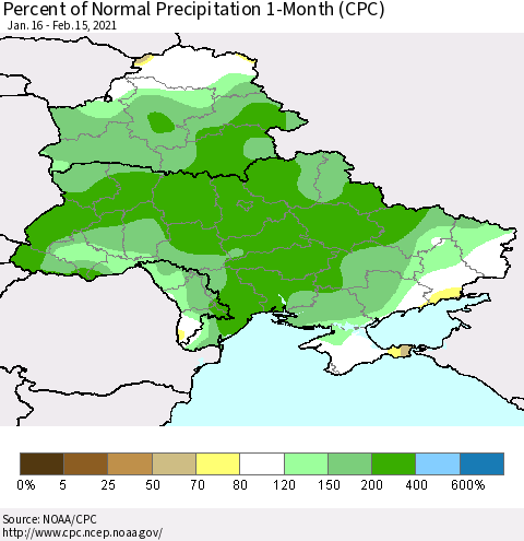 Ukraine, Moldova and Belarus Percent of Normal Precipitation 1-Month (CPC) Thematic Map For 1/16/2021 - 2/15/2021
