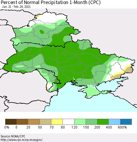 Ukraine, Moldova and Belarus Percent of Normal Precipitation 1-Month (CPC) Thematic Map For 1/21/2021 - 2/20/2021