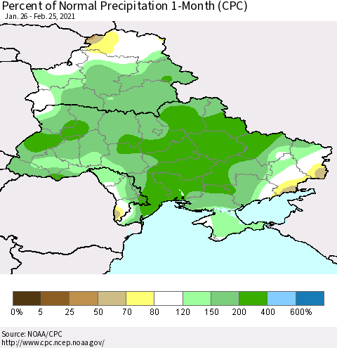 Ukraine, Moldova and Belarus Percent of Normal Precipitation 1-Month (CPC) Thematic Map For 1/26/2021 - 2/25/2021