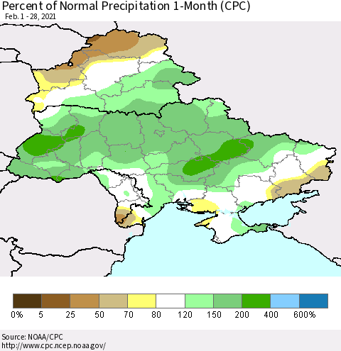 Ukraine, Moldova and Belarus Percent of Normal Precipitation 1-Month (CPC) Thematic Map For 2/1/2021 - 2/28/2021