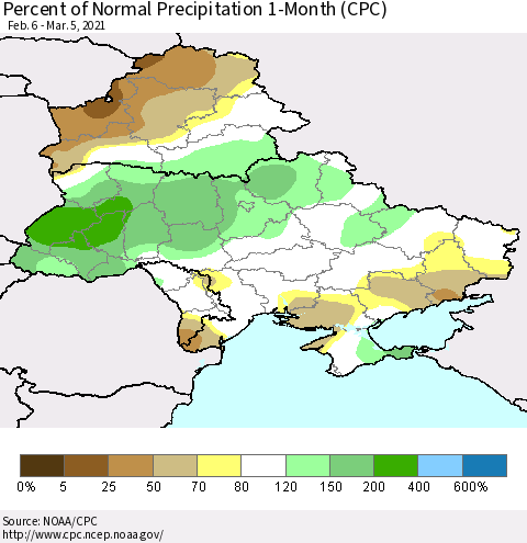 Ukraine, Moldova and Belarus Percent of Normal Precipitation 1-Month (CPC) Thematic Map For 2/6/2021 - 3/5/2021