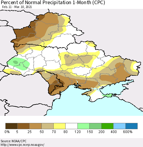 Ukraine, Moldova and Belarus Percent of Normal Precipitation 1-Month (CPC) Thematic Map For 2/11/2021 - 3/10/2021