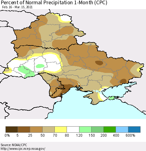 Ukraine, Moldova and Belarus Percent of Normal Precipitation 1-Month (CPC) Thematic Map For 2/16/2021 - 3/15/2021