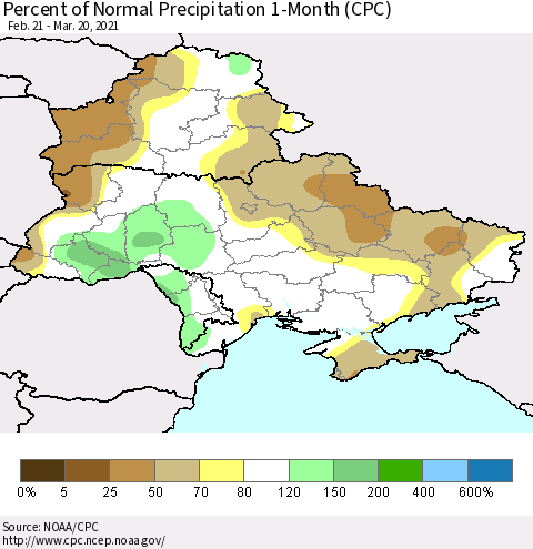 Ukraine, Moldova and Belarus Percent of Normal Precipitation 1-Month (CPC) Thematic Map For 2/21/2021 - 3/20/2021