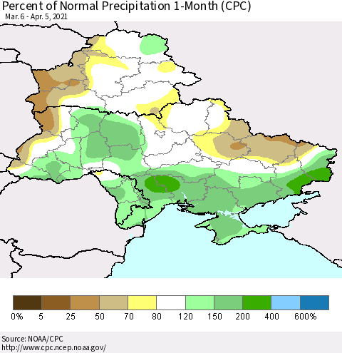 Ukraine, Moldova and Belarus Percent of Normal Precipitation 1-Month (CPC) Thematic Map For 3/6/2021 - 4/5/2021
