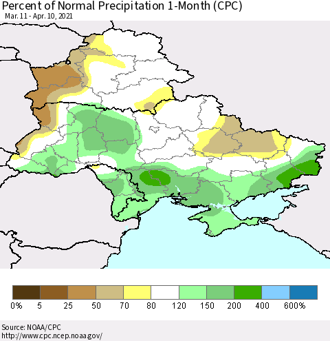 Ukraine, Moldova and Belarus Percent of Normal Precipitation 1-Month (CPC) Thematic Map For 3/11/2021 - 4/10/2021