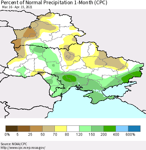 Ukraine, Moldova and Belarus Percent of Normal Precipitation 1-Month (CPC) Thematic Map For 3/16/2021 - 4/15/2021