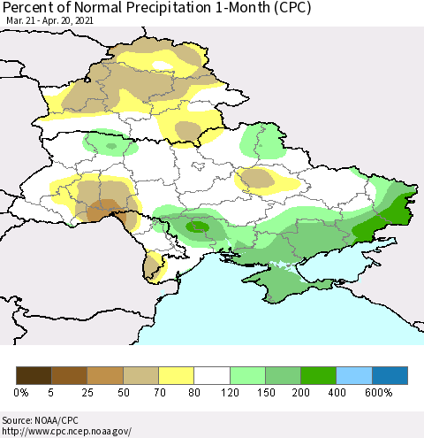 Ukraine, Moldova and Belarus Percent of Normal Precipitation 1-Month (CPC) Thematic Map For 3/21/2021 - 4/20/2021