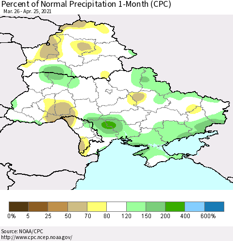 Ukraine, Moldova and Belarus Percent of Normal Precipitation 1-Month (CPC) Thematic Map For 3/26/2021 - 4/25/2021