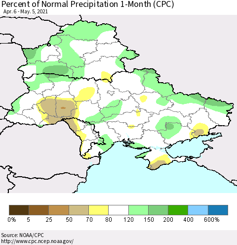 Ukraine, Moldova and Belarus Percent of Normal Precipitation 1-Month (CPC) Thematic Map For 4/6/2021 - 5/5/2021