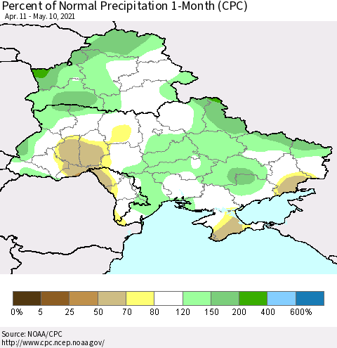 Ukraine, Moldova and Belarus Percent of Normal Precipitation 1-Month (CPC) Thematic Map For 4/11/2021 - 5/10/2021