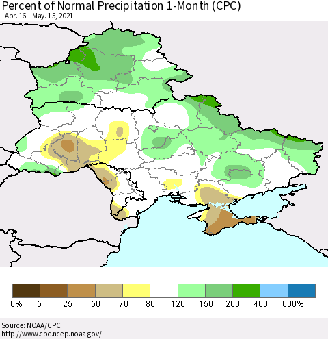 Ukraine, Moldova and Belarus Percent of Normal Precipitation 1-Month (CPC) Thematic Map For 4/16/2021 - 5/15/2021