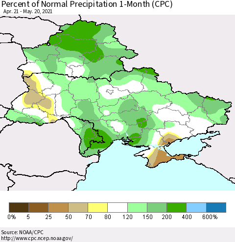 Ukraine, Moldova and Belarus Percent of Normal Precipitation 1-Month (CPC) Thematic Map For 4/21/2021 - 5/20/2021