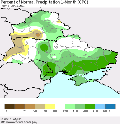 Ukraine, Moldova and Belarus Percent of Normal Precipitation 1-Month (CPC) Thematic Map For 5/6/2021 - 6/5/2021