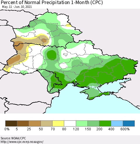 Ukraine, Moldova and Belarus Percent of Normal Precipitation 1-Month (CPC) Thematic Map For 5/11/2021 - 6/10/2021