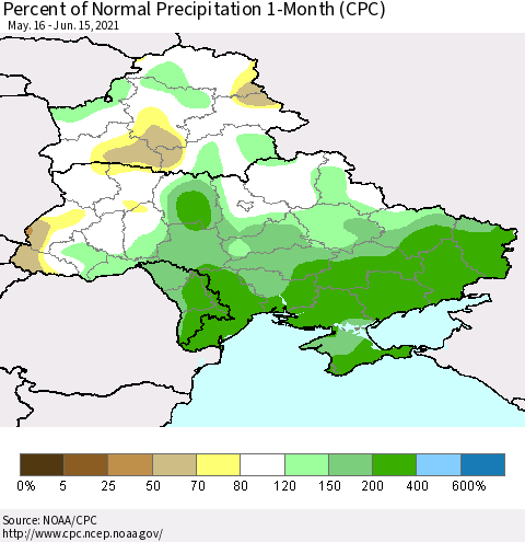 Ukraine, Moldova and Belarus Percent of Normal Precipitation 1-Month (CPC) Thematic Map For 5/16/2021 - 6/15/2021